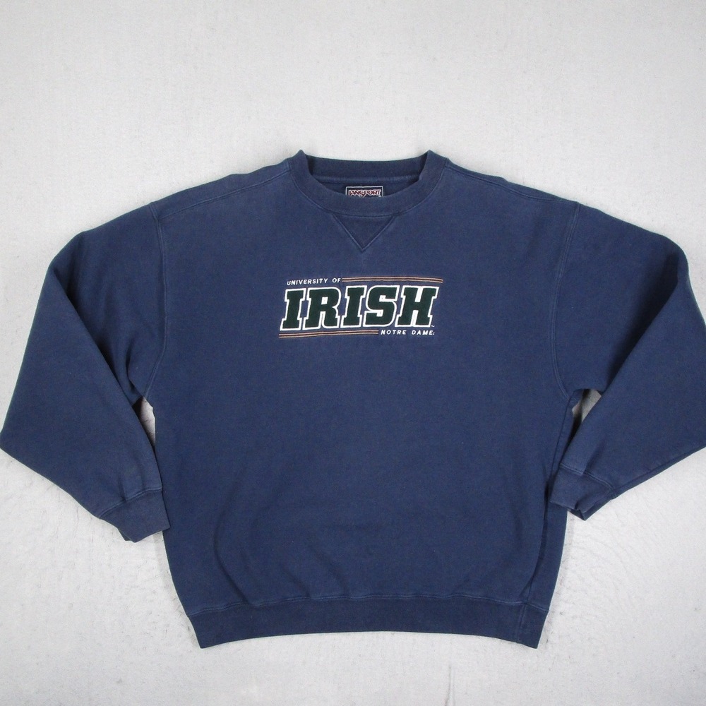 Vintage JanSport Notre Dame Irish Sweatshirt Navy Blue Crewneck Large Collegiate